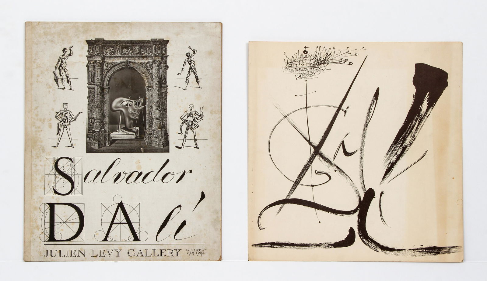 Pair Salvador Dali Exhibition Catalogs Levy 1941: Dali, Salvador, Pair of Salvador Dali Exhibition Catalogs: 1. Julien Levy Gallery, 1941, folder with cloth tape hinges, 16 x 13 inches, essay titled "The Last scandal of Salvador Dali" by Felipe Jacin