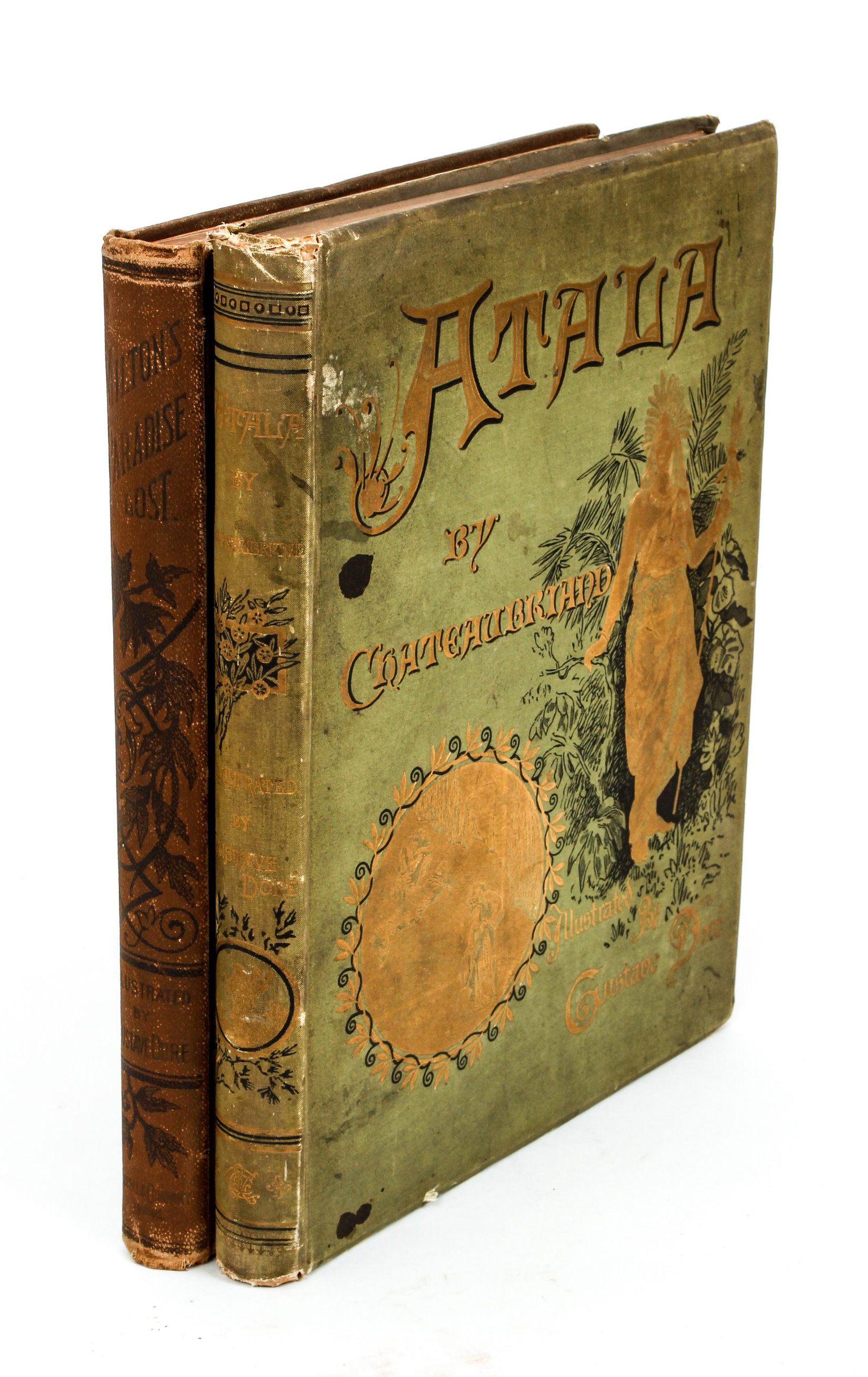 Pair Books Illustrated by Gustave Dore Atala Paradise: Dore, Illustrated by Gustave, text by Chateaubriand and John Milton, 2 Books: Atala and Paradise Lost, c. late 19th century, both published by Cassell, hardcovers, 4tos. (12.5 x 10 inches), original d