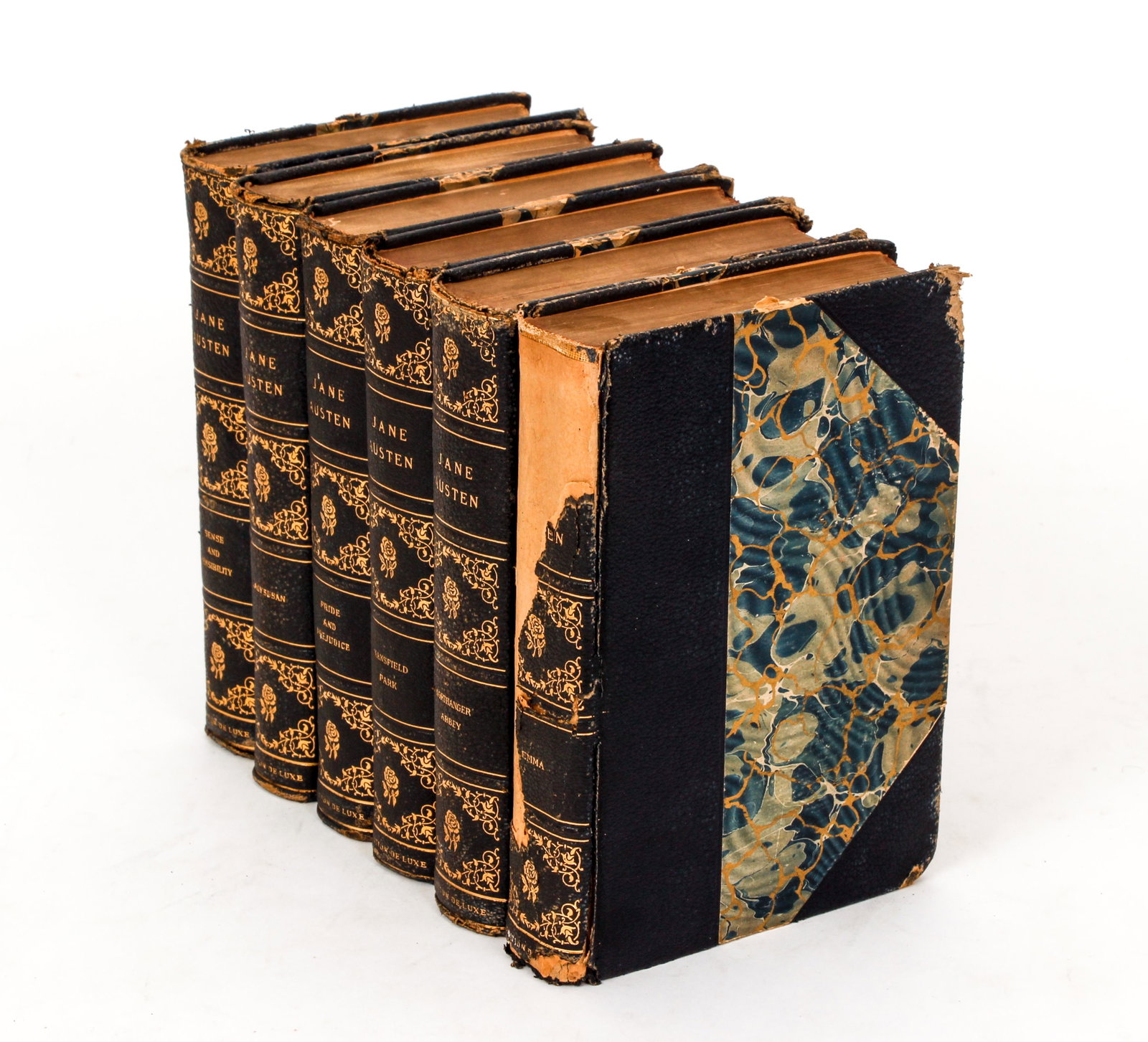Novels of Jane Austen 6 volume 3/4 leather Emma Pride: Austen, Jane, The Novels of Jane Austen, complete in 6 volumes, Handy Library Edition, Edition de Luxe, published by the Chesterfield Society, London and NYC, hardcover, short 8vos. (7.5 x 5 inches), 