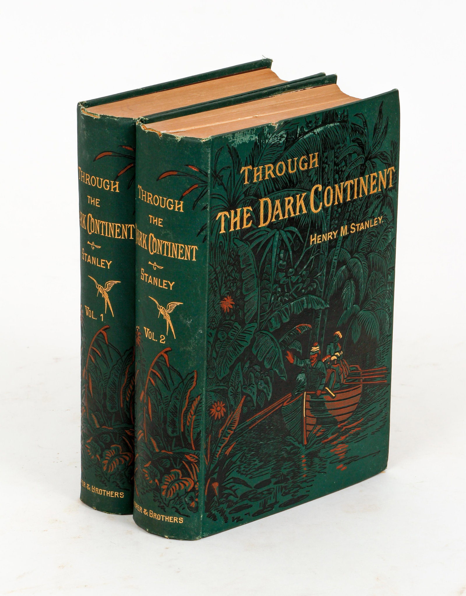Stanley Through the Dark Continent 1878 First American: Stanley, Henry M., Through the Dark Continent: The Sources of the Nile…, complete in 2 volumes, 1878, First American edition, Harper Brothers, hardcover, 8vos., original decorative green cloth, comp