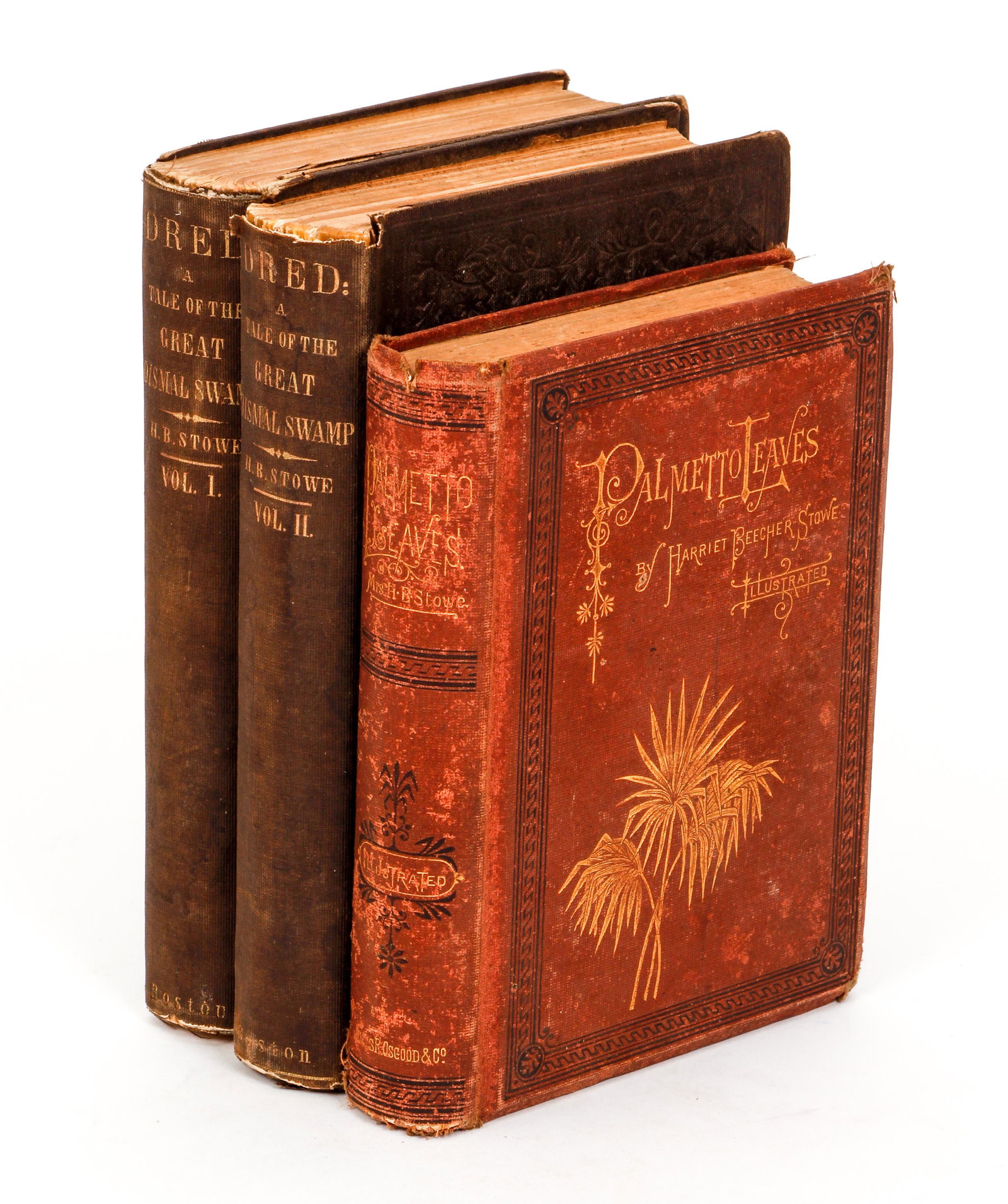 Harriet Beecher Stowe Palmetto Leaves Dred: Stowe, Harriet Beecher, Palmetto Leaves, 1873, First American edition, Osgood, Boston, hardcover, original red cloth, frontis and map, BAL 19476, TOGETHER WITH Dred: A Tale of the Great Dismal Swamp, 