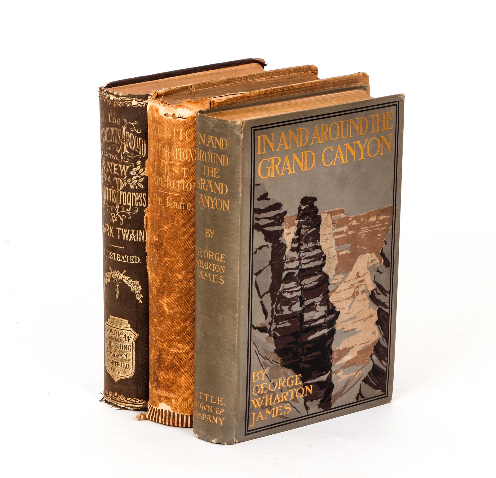 Lot 3 Travel Books Twain Grand Canyon Arctic Grinnell: Lot of 3 volumes on Travel: George Wharton James, In & Around the Grand Canyon, 1900, First edition, Little, Brown, hardcover, original cloth, illustrated / Elisha Kent Kane, The United States Grinnel