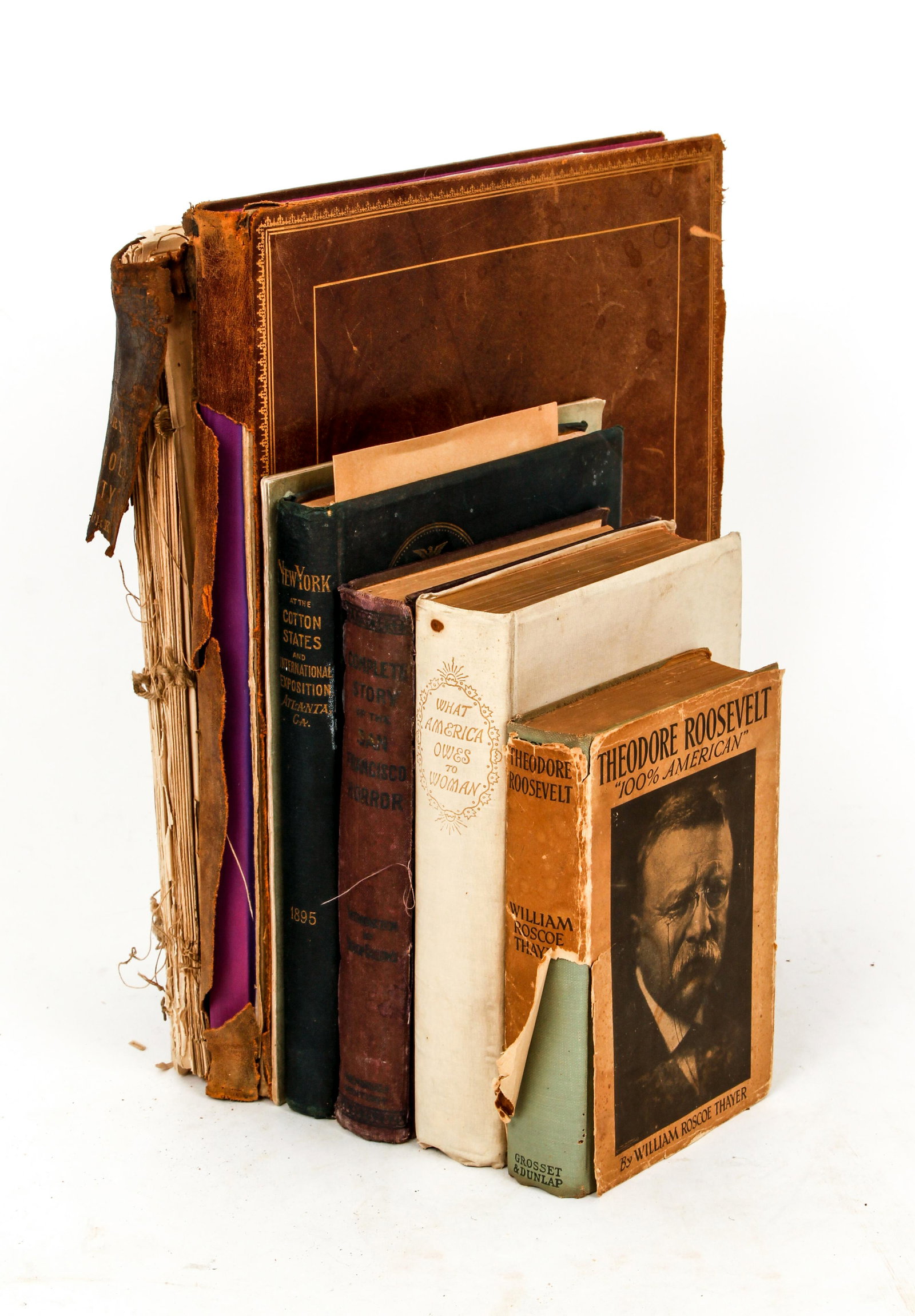 Americana Lot Monroe County Jamestown New York SF: Lot of 6 books on Americana: Includes Monroe County Atlas c.1878, text volume and map loose in boards, most of the plates have been removed and placed in a leather folder, likely not complete / also i