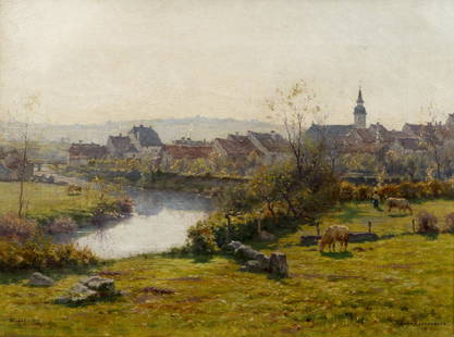 Jean Ferdinand Monchablon oil Chatillon-sur-Saone: Monchablon, Jean Ferdinand (French 1855 - 1904), A Summer Day, (View of The Village of Chatillon-sur-Saone, France), oil on canvas, 10.5 x 14 inches, signed lower right and inscribed DE 103 lower