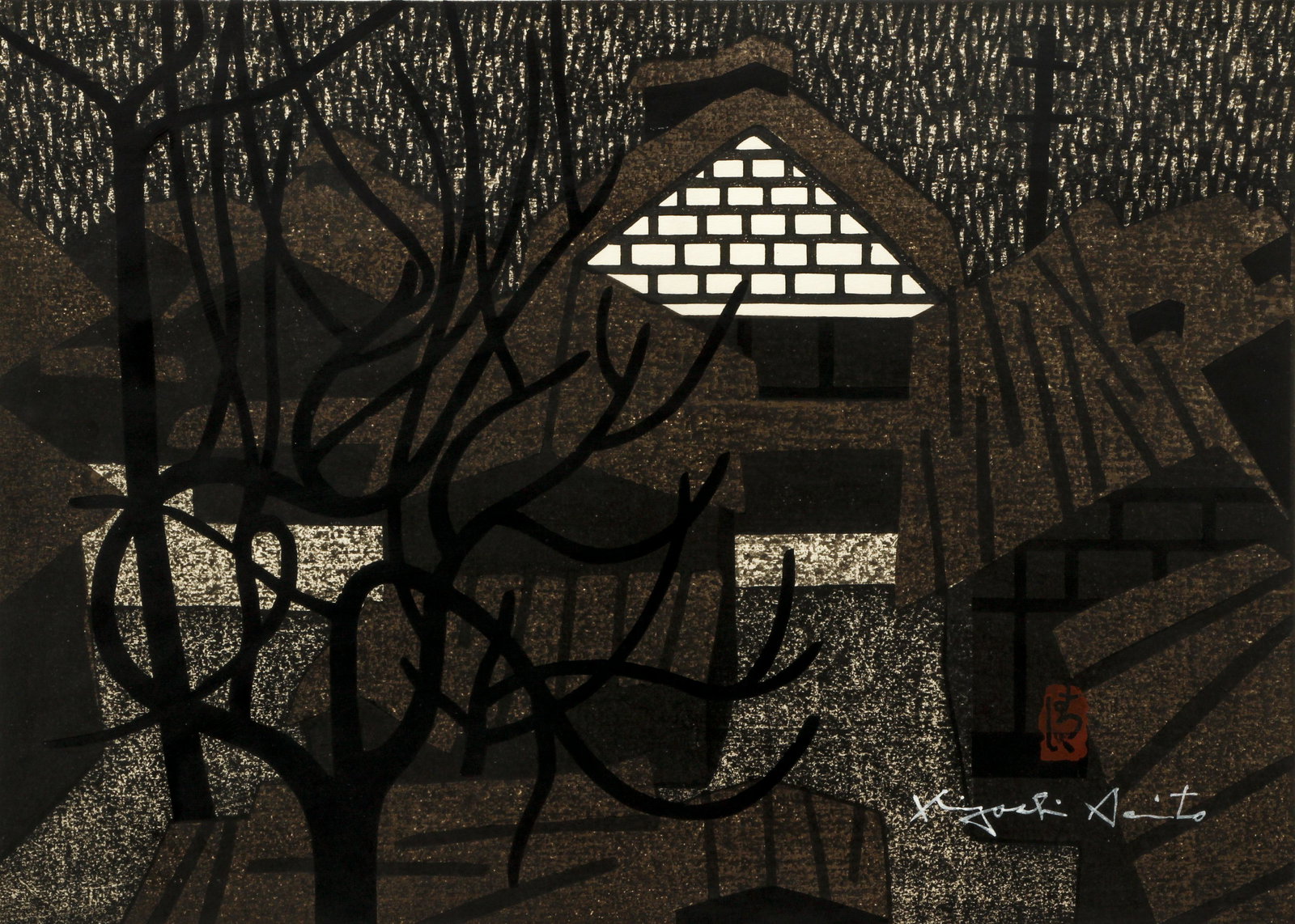 Kiyoshi Saito 1965 woodcut Aizu Yanaizu Fukushima: Saito, Kiyoshi (Japanese 1907-1997), Aizu Yanaizu Fukushima, 1965, color woodblock print, 15 x 20.75 inches, signed with white ink and the artist's red stamp, titled, numbered 48/100 and dated 1965, f