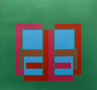 2 Robyn Denny orig prints All Through The Day: Denny, Robyn (British 1930-2014), (2) All Through the Day III (green) and All Through the Day V (red), 1970, serigraphs printed in colors, 28 3/10 × 29 9/10 inches, 72 × 76 cm., , both pencil signed