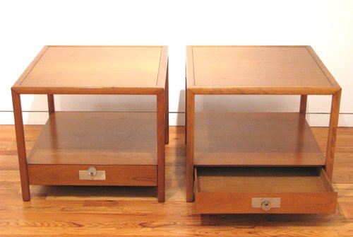 pair of Baker single drawer End Tables: Artist: Baker Furniture Company Work Title: 2 Magazine Rack or Book Shelf Single Drawer End Tables Medium: Fruitwood or Cherry with metal pulls Dimensions: