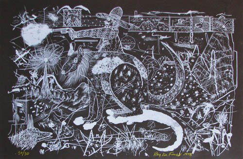 Roy DeForest Lithograph: Artist: De Forest, Roy (American 1930-2007) Work Title: Untitled Date: 1978 Medium: serigraph printed on black paper Dimensions: 30 x 44.5 inch