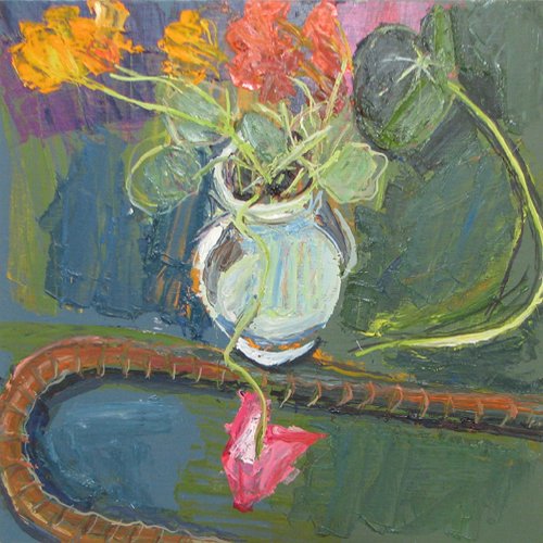 Manny Farber painting on board Nasturtiums: Artist: Farber, Manny (American 1917-2008) Work Title: Nasturtiums Date: 1997 Medium: oil on wood panel Dimensions: 12 x 12 inches Descri