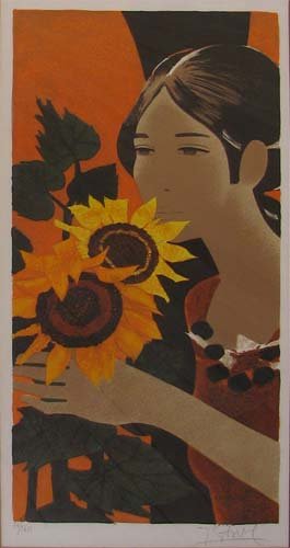 French orig litho Girl w Sunflowers: Artist: French mid 20th Century Lithography School Work Title: Girl with Sunflowers Medium: lithograph printed in colors Dimensions: 24.5 x 12 inches