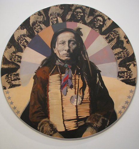 Greg Kavalec ptg. Sitting Bull : Artist: Kavalec, Gregory (American, born 1945) Work Title: Chief Date: circa 1980 Medium: acrylic on circular canvas Dimensions: 48 inches in d