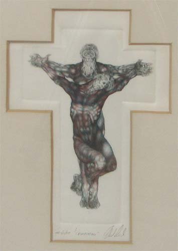 Robert Knauer Crucifixion hand colored etching: Artist: Knauer, Robert (20th Century American) Work Title: Crucifixion Date: 1975 Medium: hand colored etching Dimensions: 8.5 x 5.5 inches in