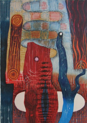 Karen Kunc Backwater Clearing color woodcut: Artist: Kunc, Karen (American, b. 1949) Work Title: Backwater Clearing Date: 1993 Medium: color woodcut on Japanese Nishinouchi paper Dimensions: <