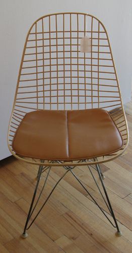 Eames Wire Chair with Eiffel Tower Base: Eames, Charles, for Herman Miller Eames Wire Chair with Eiffel Tower Base and leather seat pad wire chair 32.5 x 18.5 x 15 inches