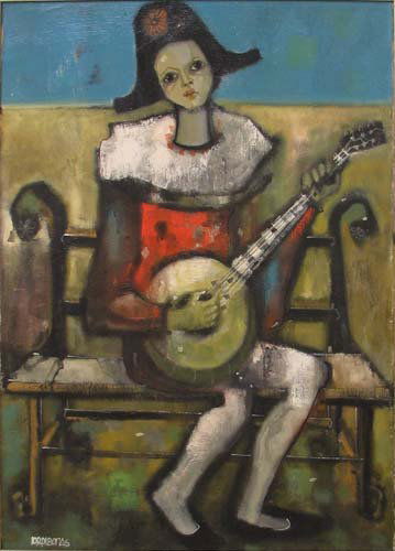 Jordi Bonas Harlequin painting: Artist: Bonas, Jordi (Spanish, born 1937) Title: Arlequin Musicien Date: n.d. Medium: oil on canvas Dimensions: 28 x 20 inches Descripti