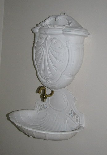 White Painted Metal and Brass Wall Mounted Lavator: Title: Painted Metal and Brass Wall Mounted Lavatory Medium: painted metal and brass Dimensions: 24 x 15 inches