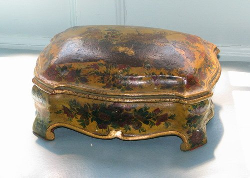 Asian Painted Wooden Glove Box: Title: Painted Wooden Tortoise Shaped Glove Box with Asian Scene Medium: painted wood Dimensions: 4.75 x 9.75 x 7.5 inches Provenance: French and Company