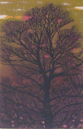 Joichi Hoshi ''Evening'' woodblock on gold ground: Artist: Hoshi, Joichi (1913-1979) Title: Evening Date: 1974 Medium: woodblock on gold metallic background Dimensions: 4.75 x 9.5 inches