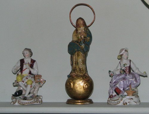 Three Figurines including porcelain Italian Peasan: Title: Three Figurines including porcelain Italian Peasant Figures and Virgin Mary Medium: glazed porcelain and papier mache Dimensions: 5.25 x 3.5 x 3 inches; mar