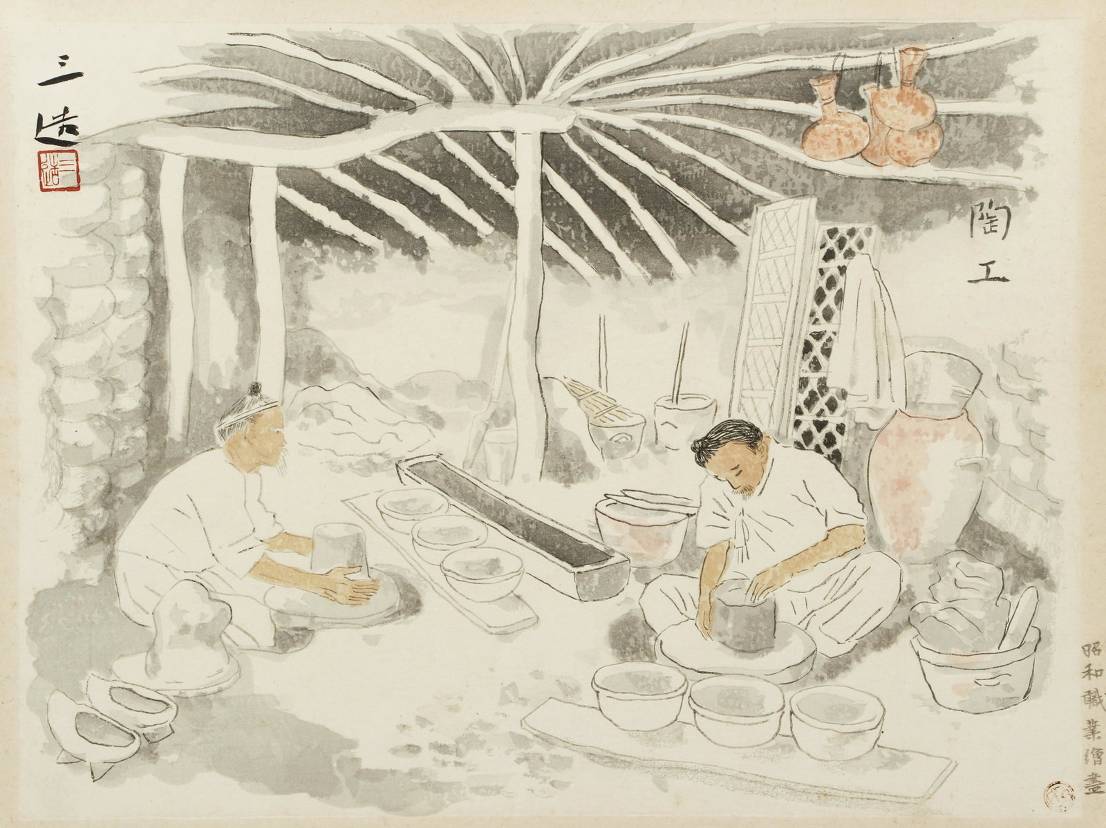 Japanese Woodblock of Two Potters: 19th or early 20th century Japanese School, Two Potters, 11.5 x 15 inches, framed 15 x 19 inches.