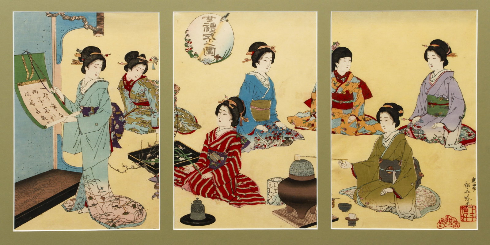 Adachi Ginko Tea Ceremony Triptych: Ginko, Adachi (Japanese, 1853-1902), Tea Ceremony Lessons Triptych from the series Women's Etiquette, 1887, color woodblock, individually 13.5 x 8.75 inches, framed together 20 x 35 inches.
