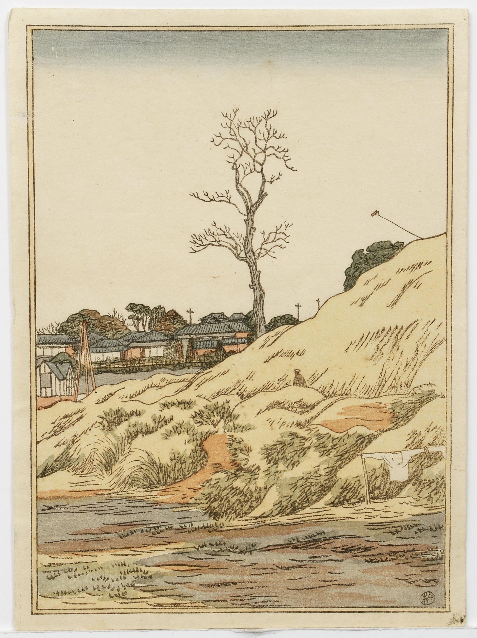 Hakutai Ishii Kuseyama Japanese Woodblock: Ishii, Hakutai (Japanese, 1882-1958), Kuseyama (Village with Stream), undated (1914), color woodblock on paper, full sheet 10 x 7.5 inches, unframed.