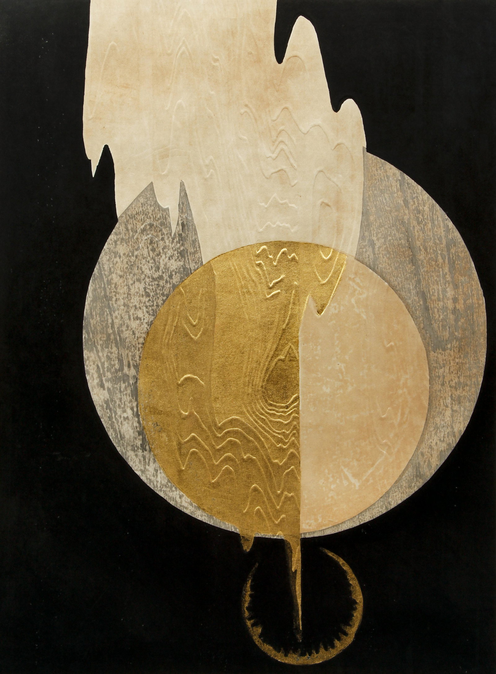 Reika Iwami 1970 color woodblock with gold foil: Iwami, Reika (Japanese, 1927-2020), Untitled Abstract D, (NR), 1970, woodblock, mixed media, gold foil, and mica, 23.5 x 17.5 inches, pencil signed, dated, titled, and numbered 18/30 along the lower m
