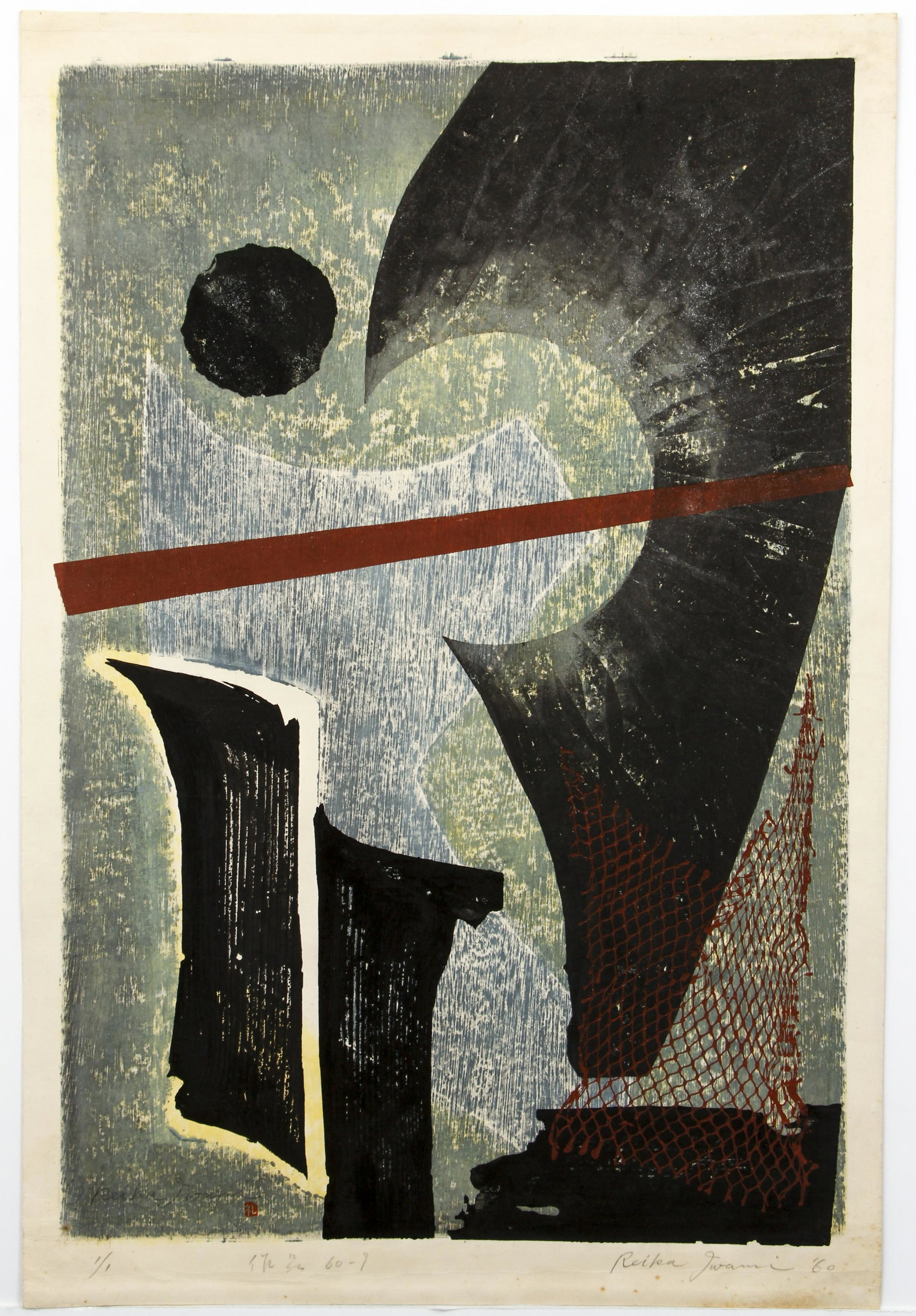 Reika Iwami 1960 rare monoprint Abstraction: Iwami, Reika (Japanese, 1927-2020), Untitled Abstraction 60-9, 1960, woodblock, mixed media and mica, 31 x 20.75 inches, pencil signed twice, numbered 1/1, and dated, This print is likely unique and p
