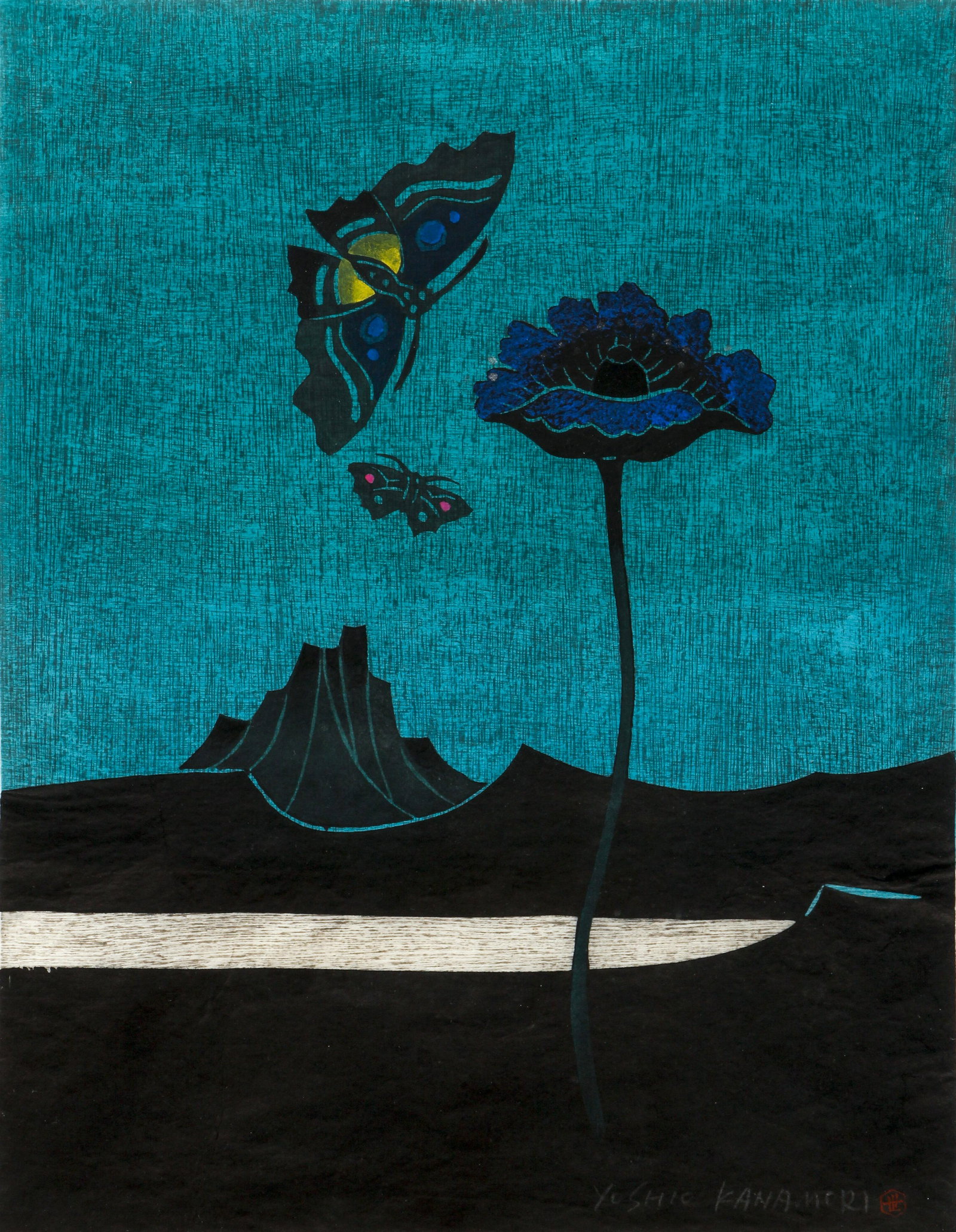 Yoshio Kanamori Mountain Lake Japanese Woodblock: Kanamori, Yoshio (Japanese, b.1922), Mountain Lake with Butterflies and Flower , undated, color woodblock, titled and numbered 10/30 in pencil lower left, signed and red seal to lower right of the ima