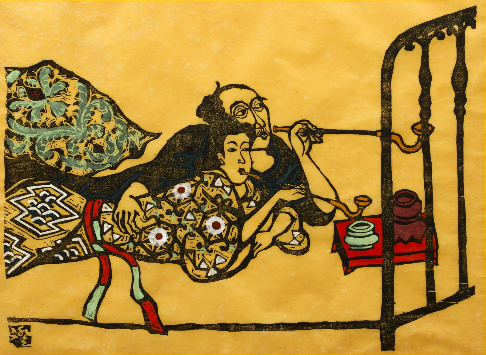 Sumio Kawakami Nambanesque Behavior Woodblock: Kawakami, Sumio (Japanese, 1895-1972), Nambanesque Behavior, undated (1950s), later impression (seal at lower left missing bottom left corner), woodblock with hand applied color on paper, image 16 x 2