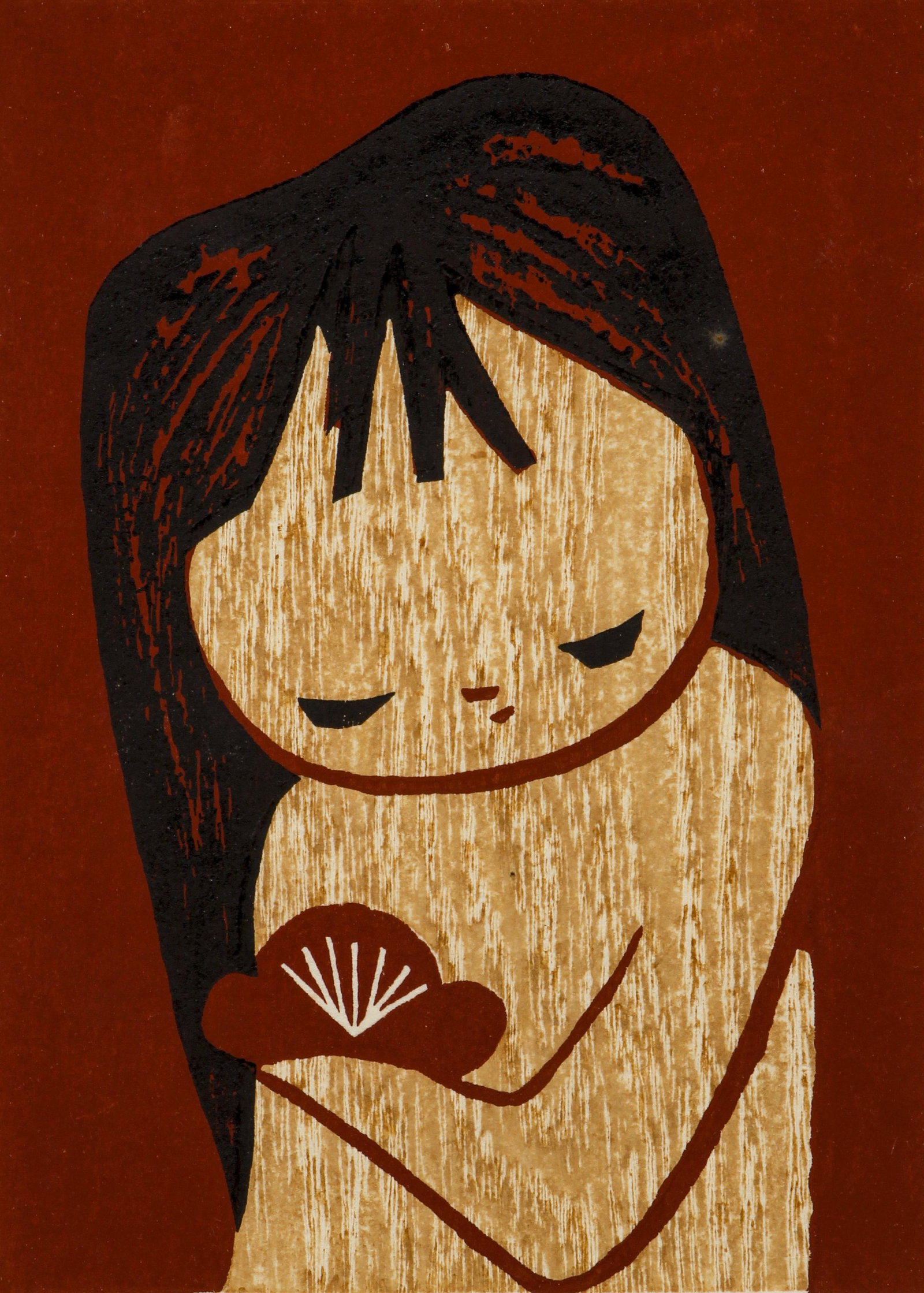 Karou Kawano color woodblock Young Girl w Fan: Kawano, Karou (Japanese 1916-1965), Young Girl with Fan, circa 1950's, color woodblock, 6.25 x 4.75 inches, pencil signed lower margin, framed measuring 12 x 10 inches,