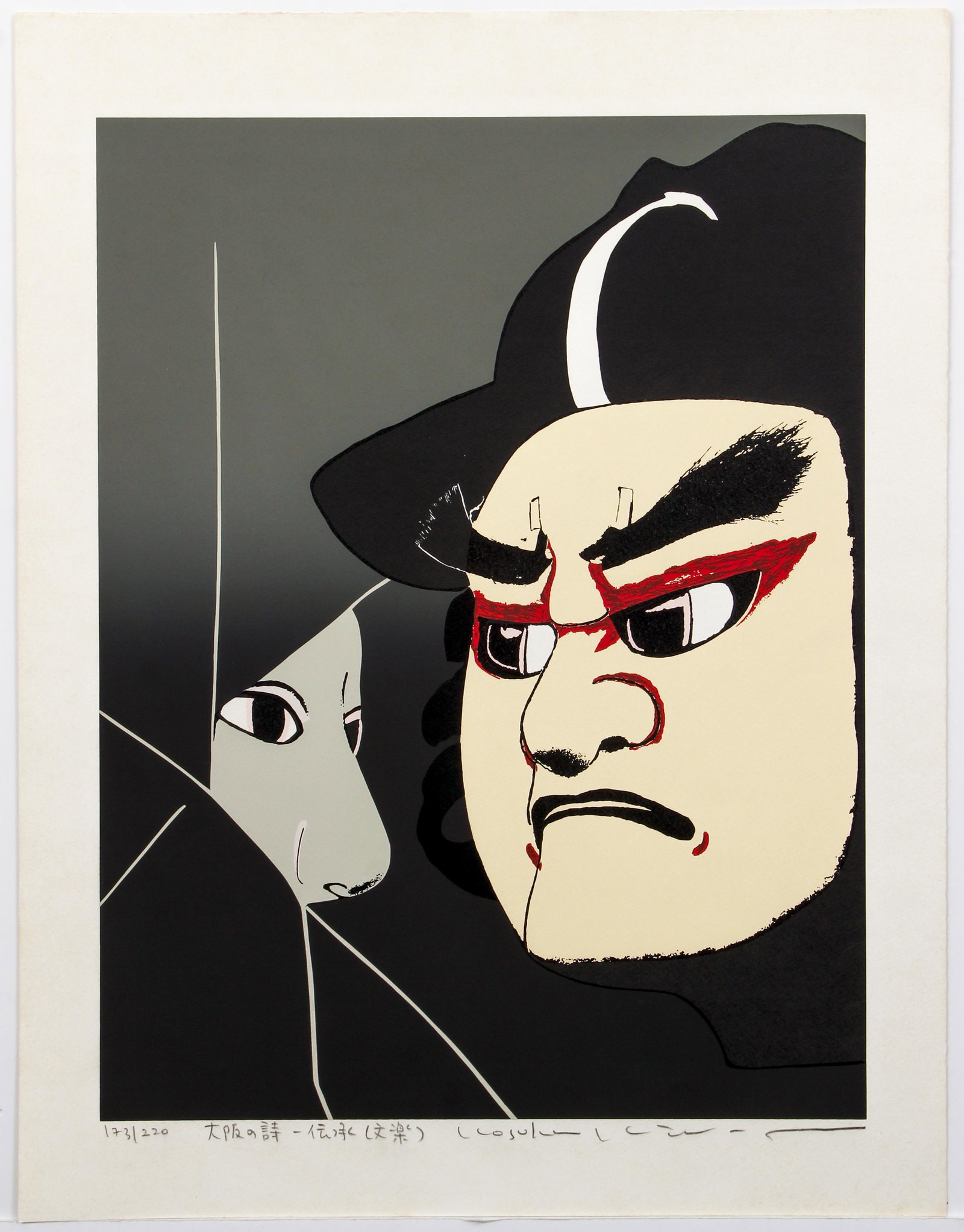 Kosuke Kimura serigraph Osaka Poem, Bunraku: Kosuke, Kimura (Japanese, b. 1936), Osaka Poem, Legend Bunraku (Osaka no Shi- Denshou Bunraku), circa 1970's, color serigraph, 21.5 x 16.4 inches, pencil signed and numbered 173/220.