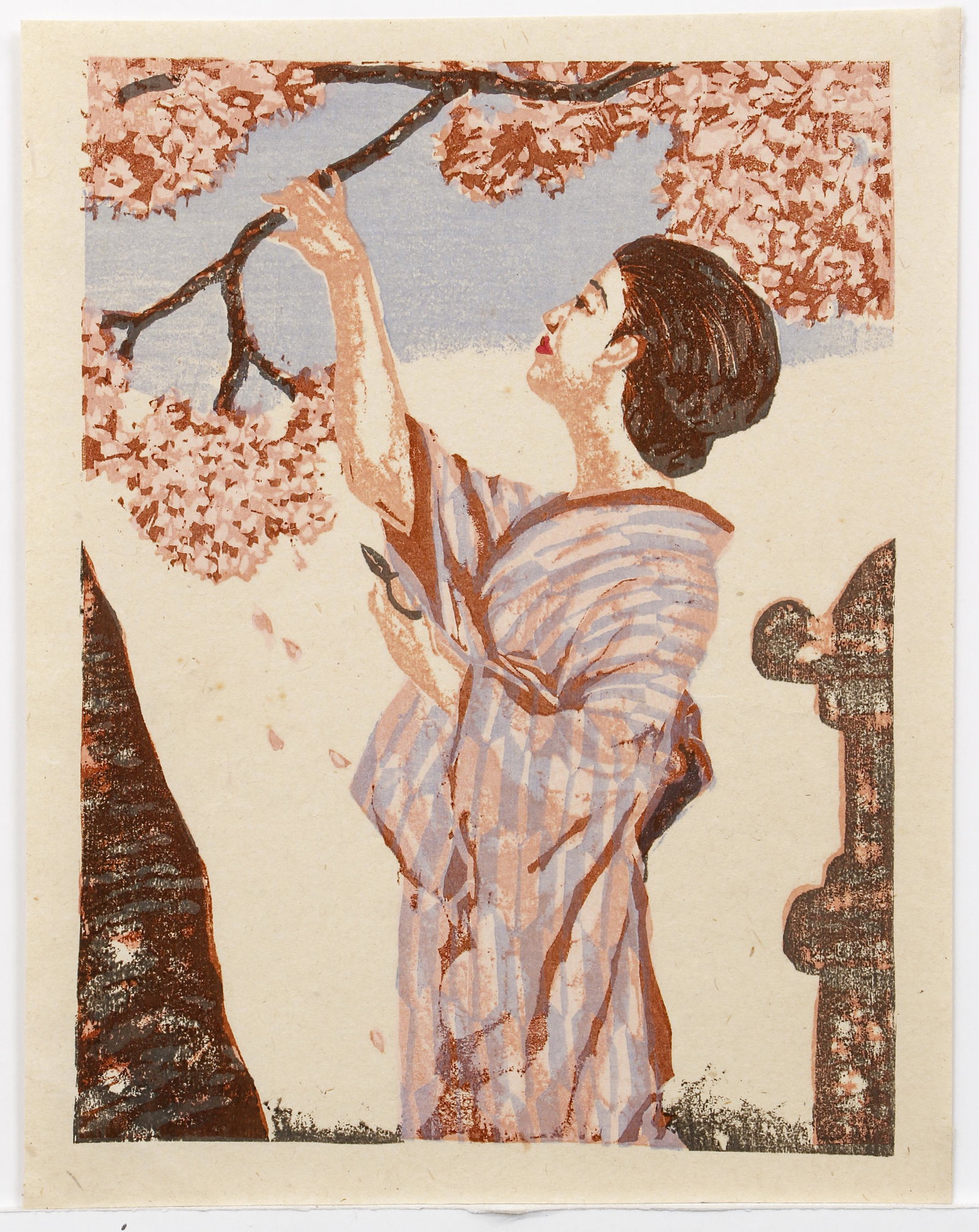 Koshiro Onchi Cherry Blossom Japanese Woodblock: Onchi, Koshiro (Japanese, 1891-1955), Cherry Blossom - from Selection of The Manners and Customs of Japanese Women, undated (1946), color woodblock on paper, stamp on reverse, full sheet 10.5 x 8.25 i