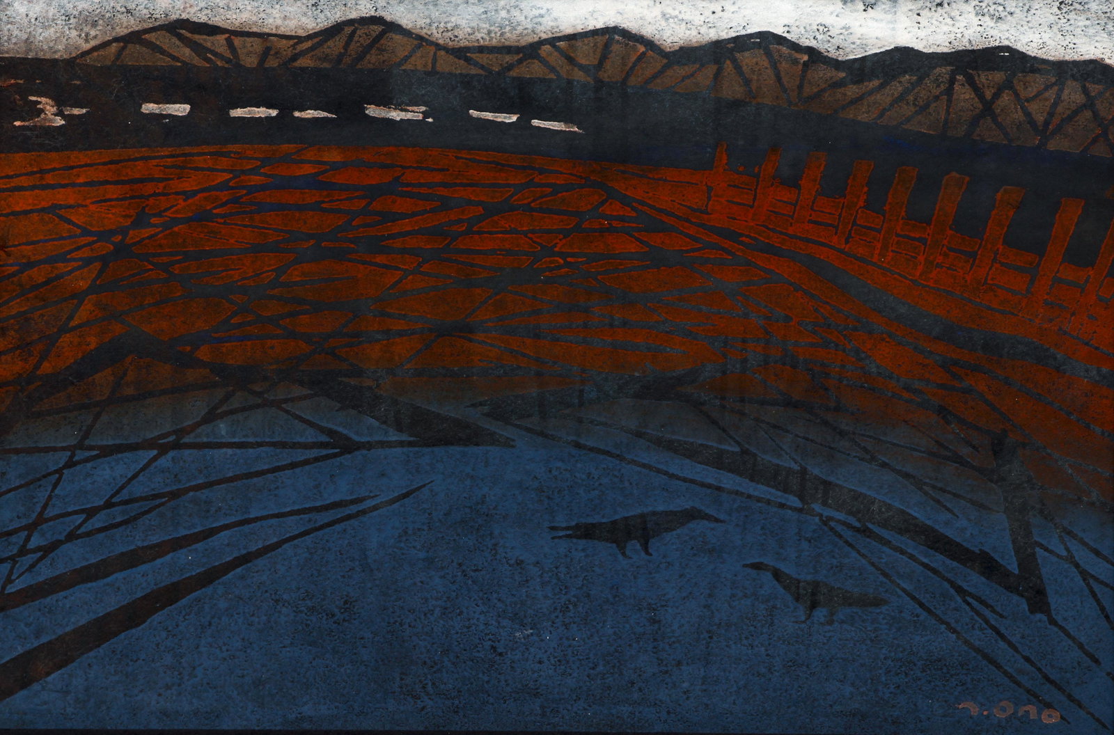 Tadashige Ono Woodblock Gathering Seaweed on the Shoal: Ono, Tadashige (Japanese 1909-1990), Gathering Seaweed on the Shoal, color woodblock, 5.5 x 8.5 inches (sight size), signed lower right and signed and numbered on the reverse 16/50, framed measuring 1