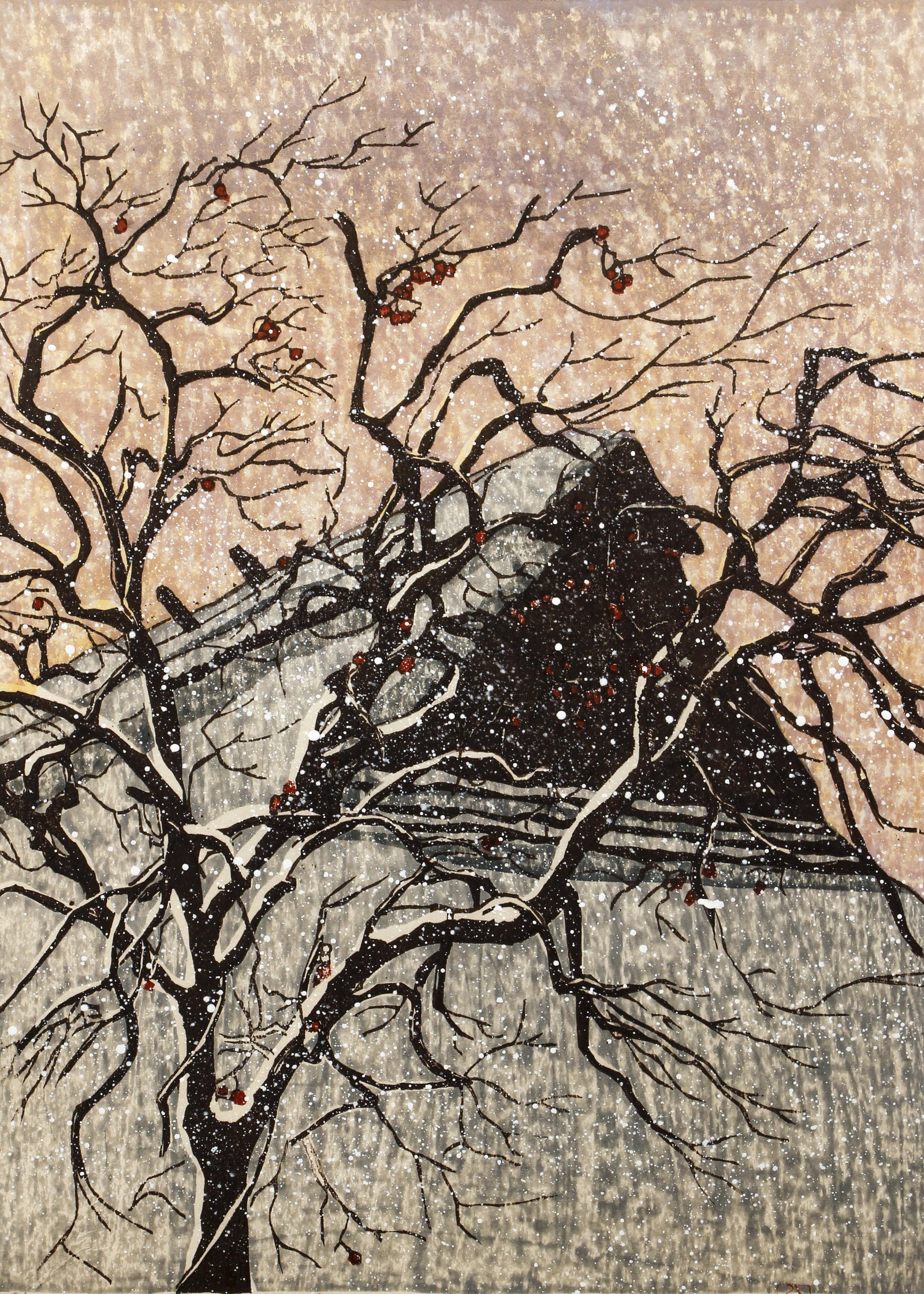 Joshua Rome Snowy Morning Woodblock 1987: Rome, Joshua (American, b.1953), Snowy Morning, 1987, color woodcut on paper, signed, dated, titled and umbered 15/100 in pencil at bottom, 21.75 x 15.5 inches, matted and framed 31 x 25 inches.