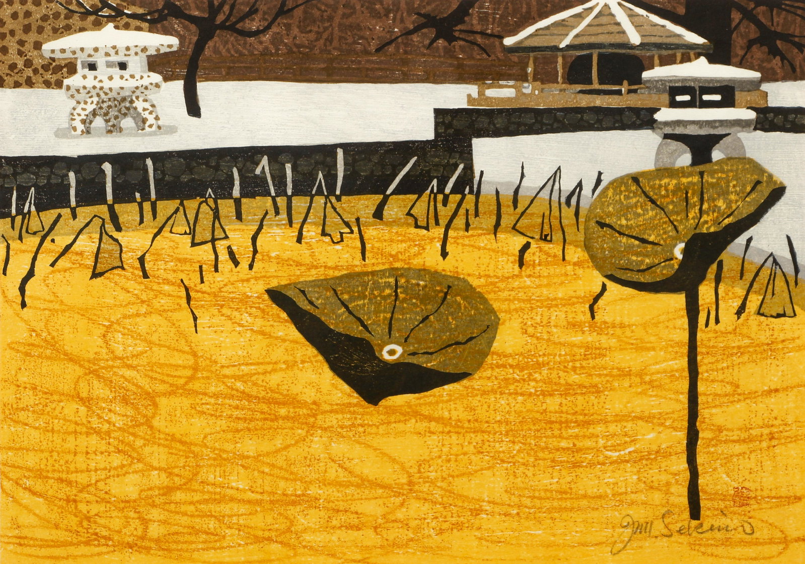 Junichiro Sekino 1960 color woodblock Nissaka,: Sekino, Junichiro (Japanese 1914-1988), Nissaka, Night-Weeping Stone, 1960, woodblock printed in colors, 12.75 x 18 inches, pencil signed lower right, framed measuring 23 x 28 inches