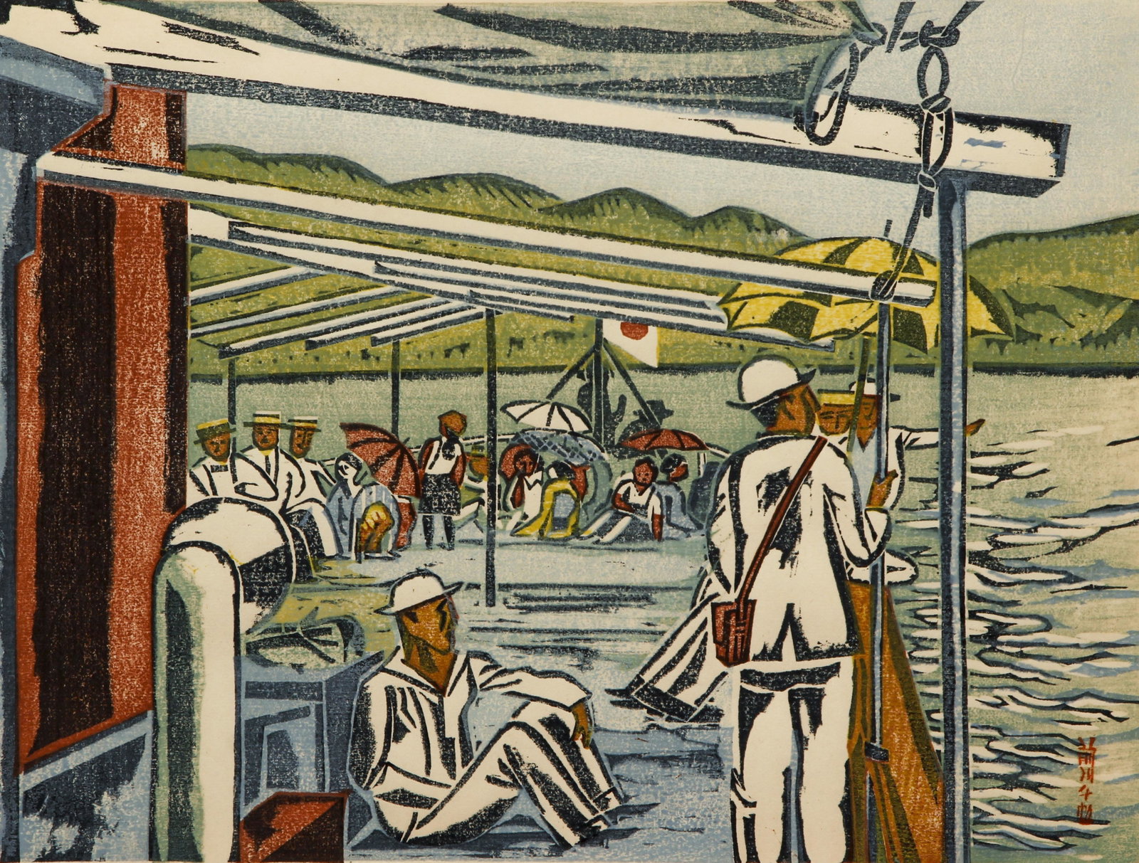 Maekawa Senpan 1931 color woodblock Pleasure Boat: Senpan, Maekawa (aka Sempan)(Japanese 1888-1960), Pleasure Boat, 1931, color woodcut, 8.5 x 11.6 inches, with extensive stamps in red and black ink along the sides, farmed in a black wood frame measur