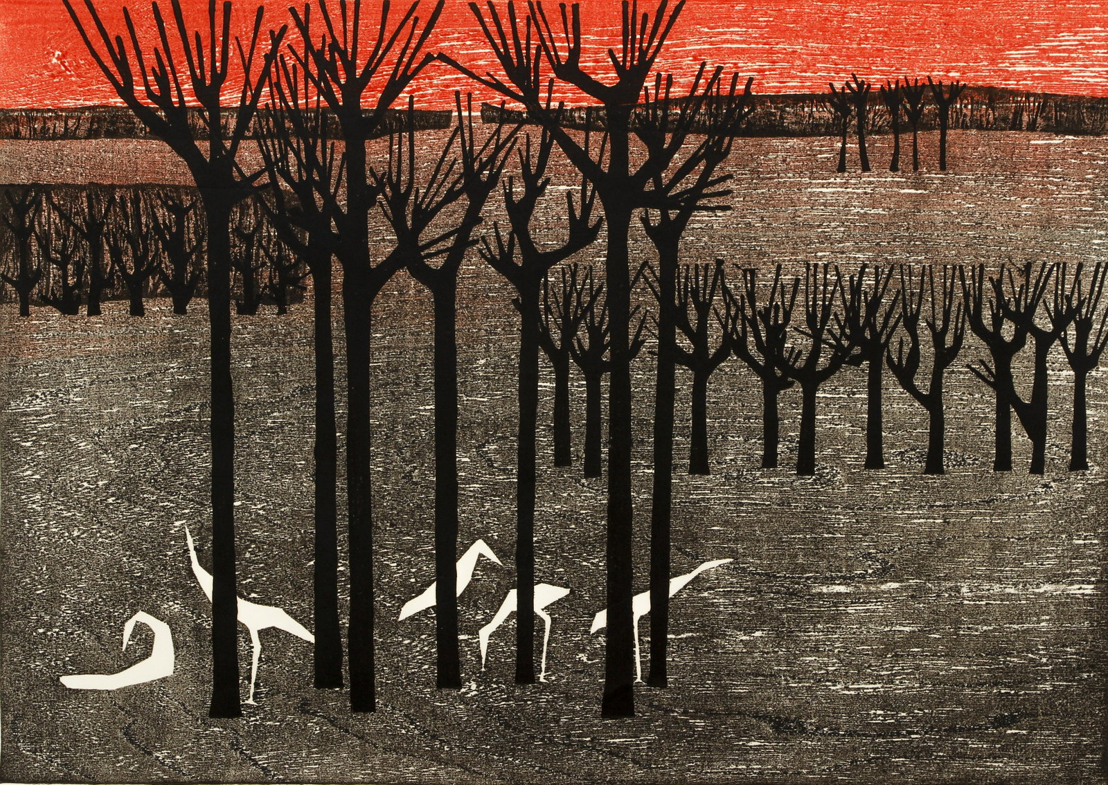 Tamami Shima 1960 color woodblock Forest: Shima, Tamami (Japanese, 1937-1999), Forest, 1960, color woodblock print, 15 x 21 inches, pencil signed and numbered 88/100.