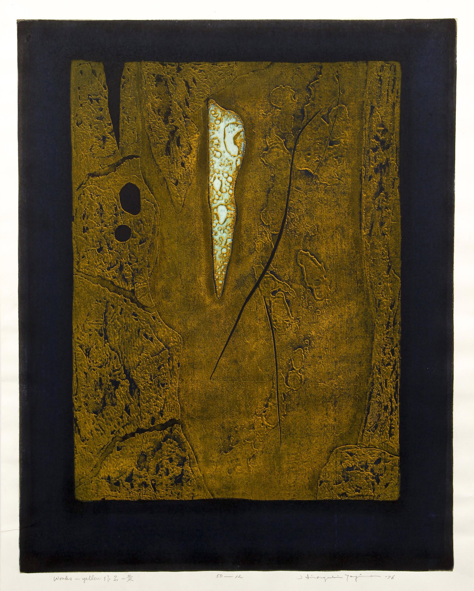 Tajima 1976 color woodcut Works - Yellow: Tajima, Hiroyuki (Japanese 1911-1984), Works - Yellow, 1976, color woodblock, 22.5 x 18 inches, pencil signed, dated, titled, and numbered 50-12.