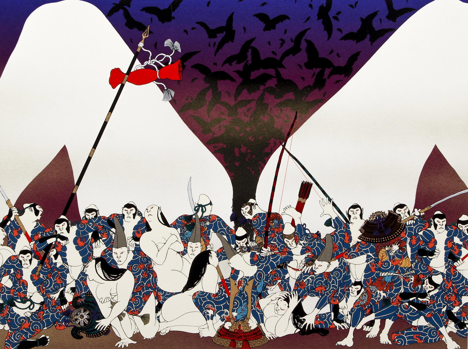 Hideo Takeda 1985 silkscreen from The First Genpei: Takeda, Hideo (Japanese, born 1948), The First Genpei, 1985, serigraph printed in colors, 15.75 x 20.75 inches, pencil signed and numbered 65/185, Published by Taninaka Silk Editions in Kyoto in 1985.