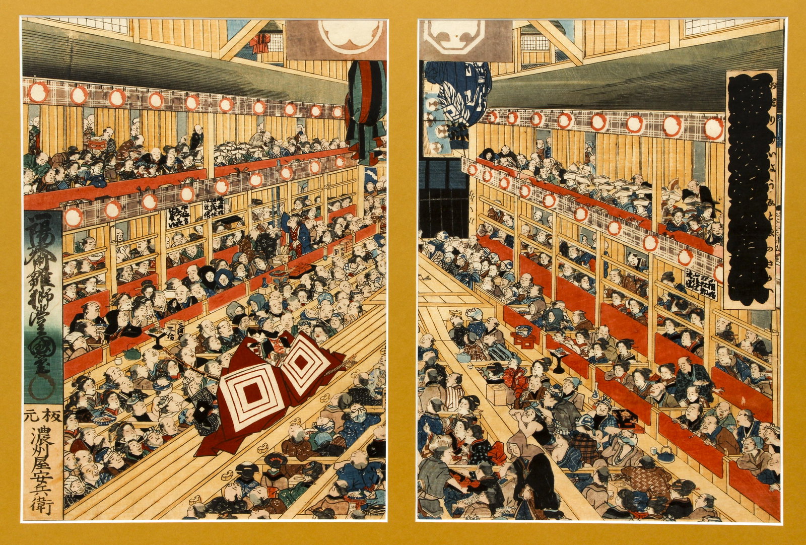 Toyokuni 3rd Pair Woodblocks Edo Dances: Toyokuni 3rd (aka Kunisada, Japanese, 1786-1864), Pair of woodblocks from Flourishing of Edo Pictures Depicting Dances (Odori keiyo Edo-e no sakae), 1858, color woodblocks on paper, these are the two 