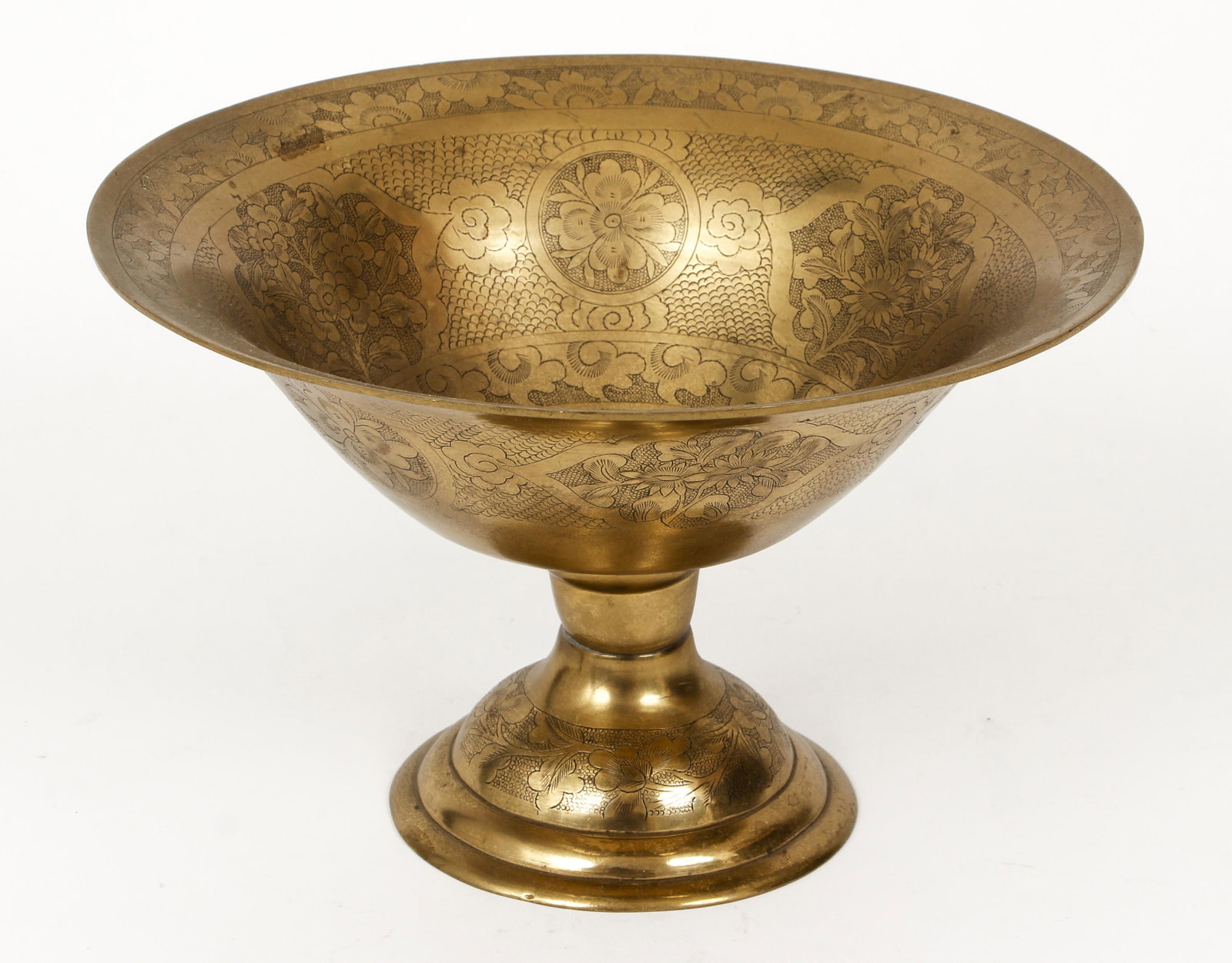 Asian Hammered Brass Compote: Asian Hammered Brass Compote, beautifully decorated with floral motifs and geometric pattern, 9.25 inch diameter, height 5.75 inches. Provenance: The Estate of Charles M. Diez, MD.