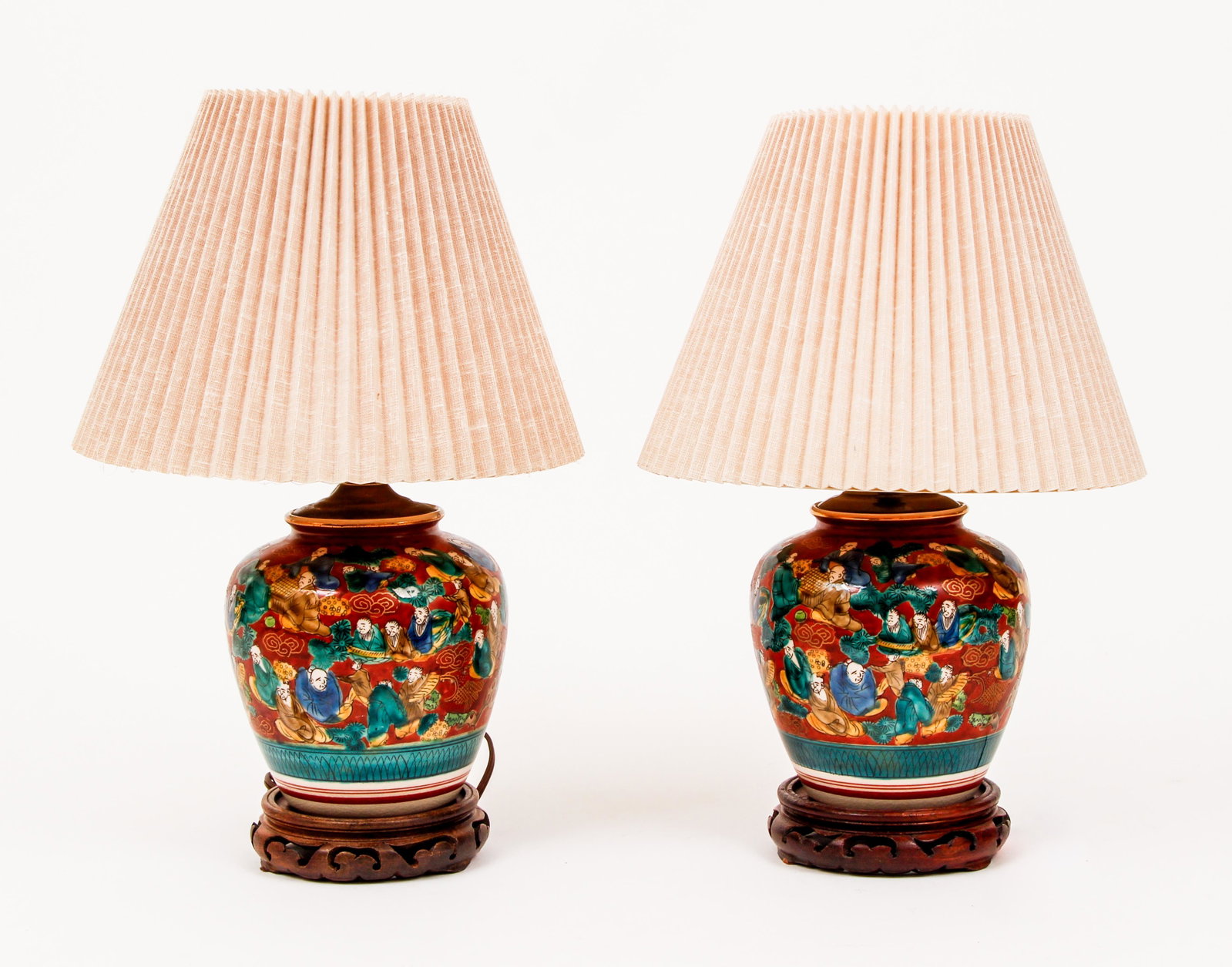Rose Famille pots converted to lamps: Chinese Famille Rose Ceramic pots converted to lamps, 11.5 inches tall, with newer shades