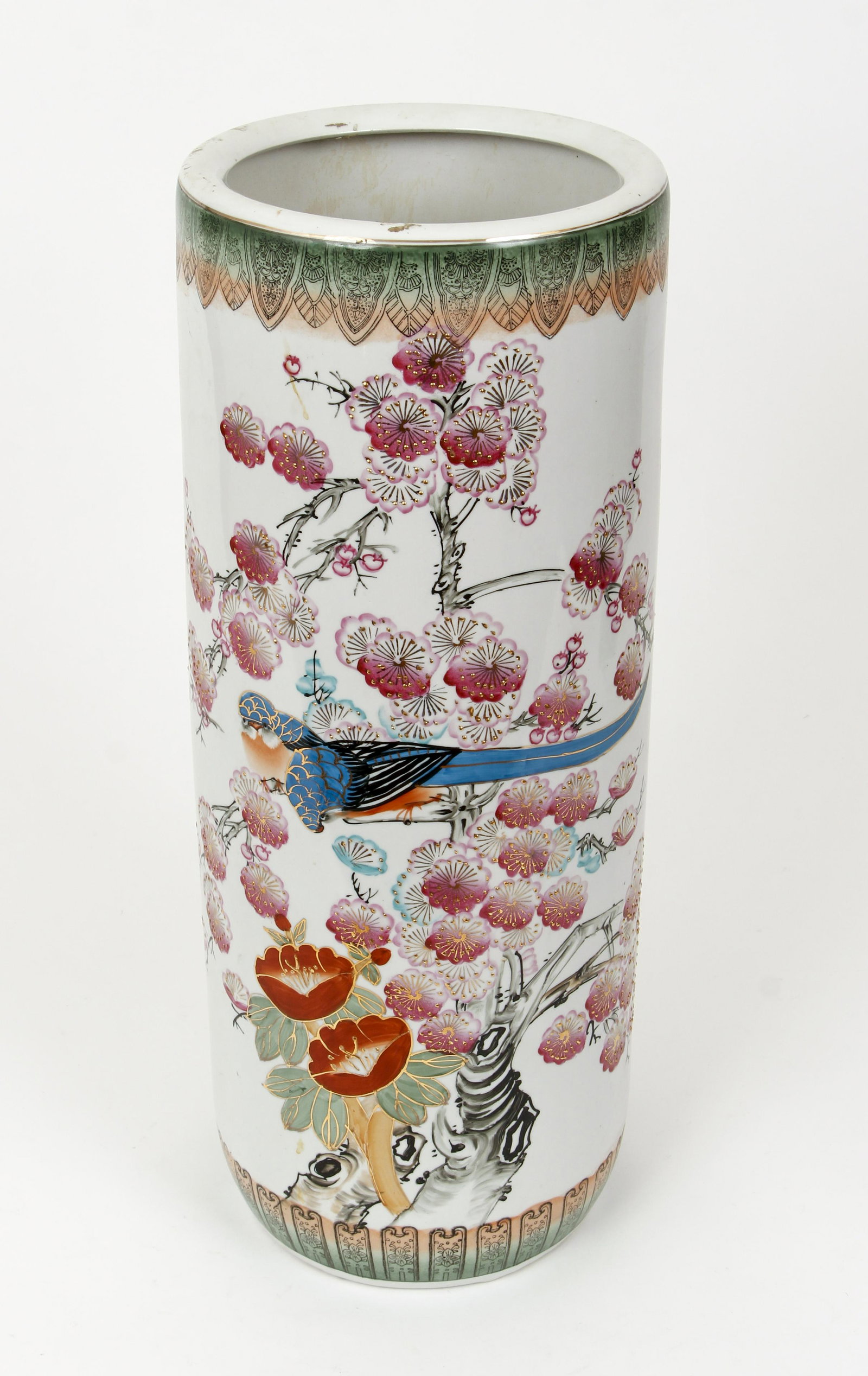 Chinese porcelain Umbrella Stand: Porcelain Umbrella Stand with flowering lotus tree branches and birds, 24 inches, with label on underside Made in China
