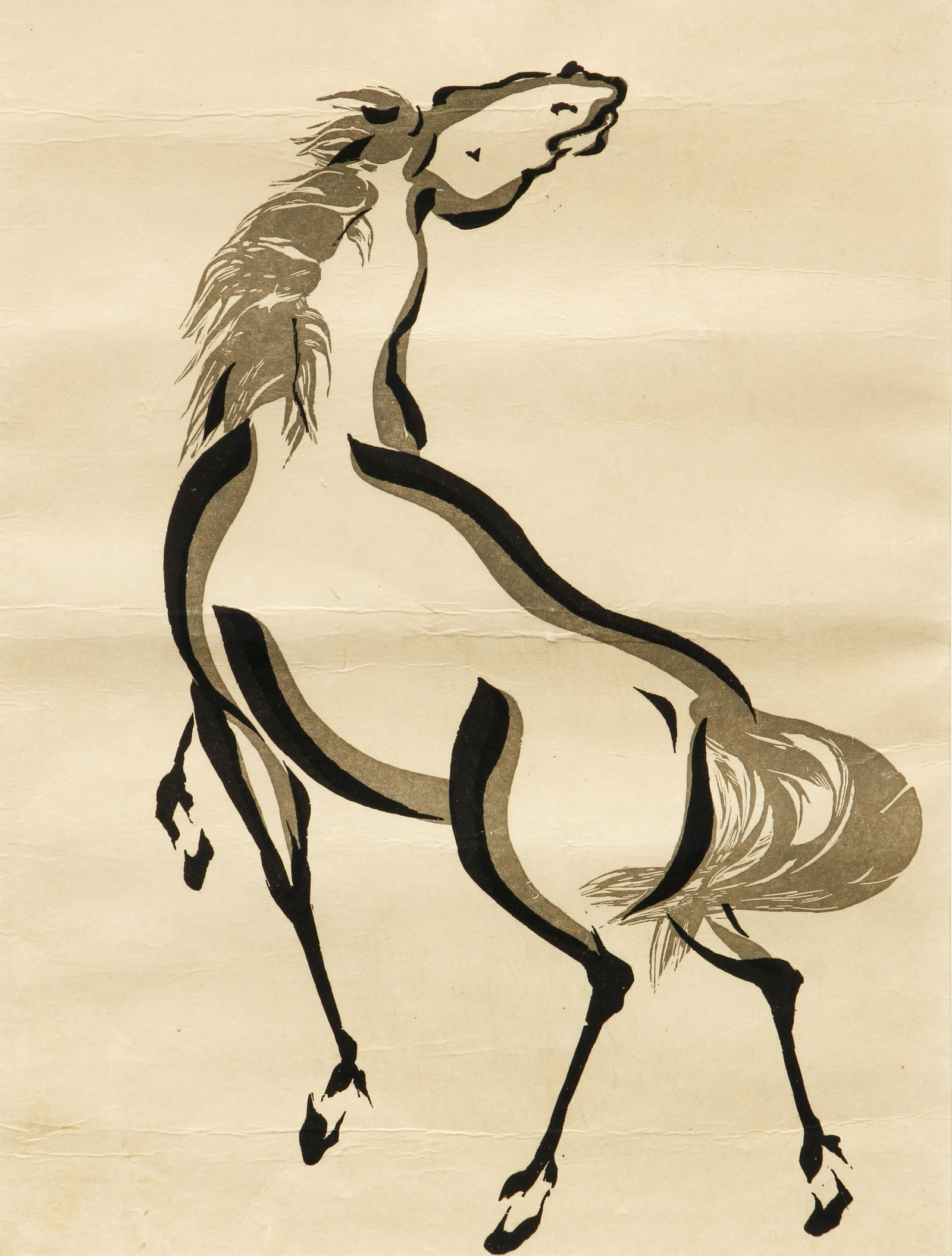 20th Century Chinese woodblock School Horse: 20th Century Chinese Woodblock School, Horse, woodblock printed in two colors, 12.5 x 9.5 inches, framed measuring 17 x 13.75 inches.