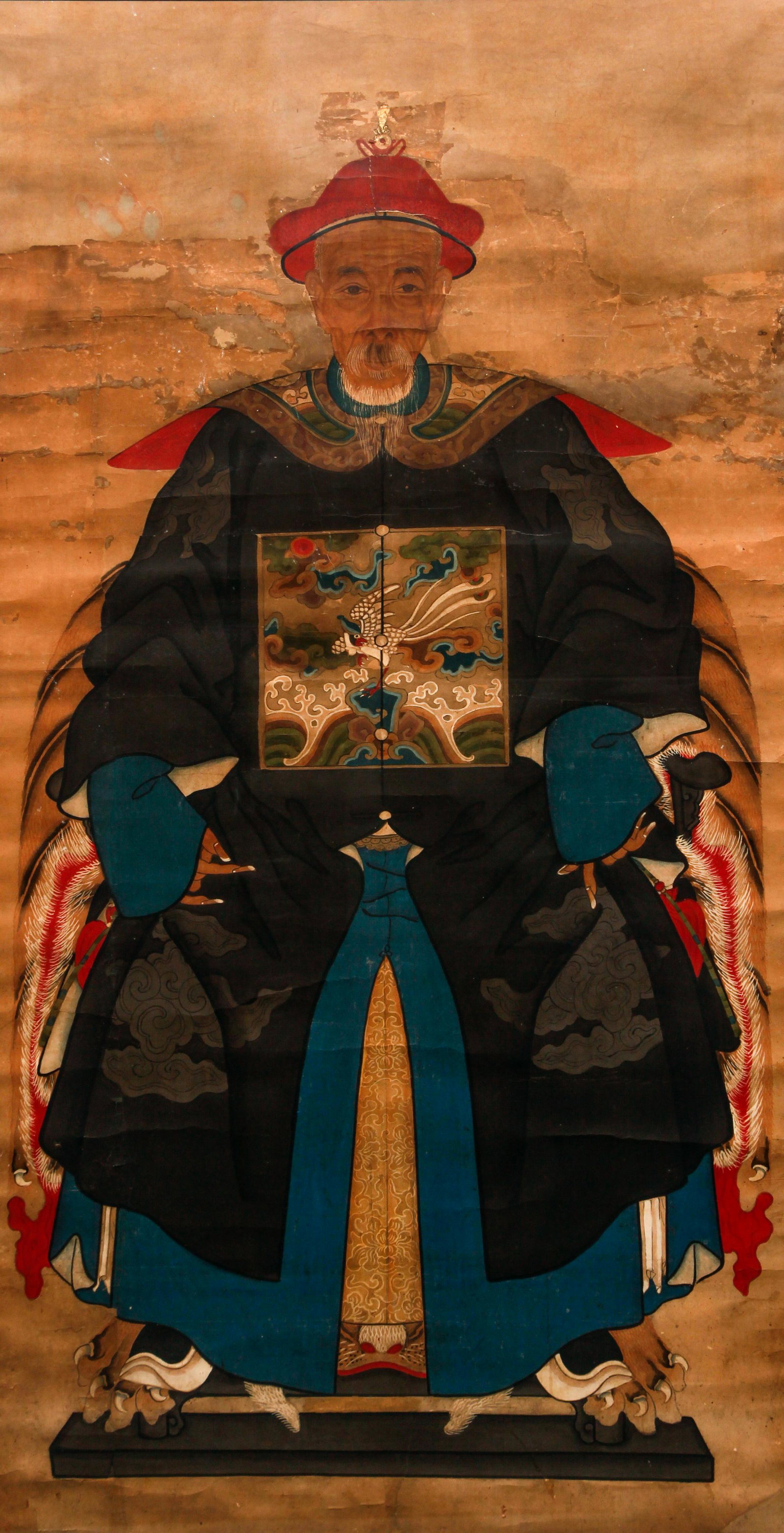 Chinese Ancestor Portrait Qing Fengzhi Dafu: (Chinese School), Qing Dynasty Ancestor Portrait showing promotion of Bo Qi Gong to the position of Fengzhi Dafu, c.late 19th/early 20th century, gouache, watercolor and gilt on paper, 53.5 x 27.5 inc
