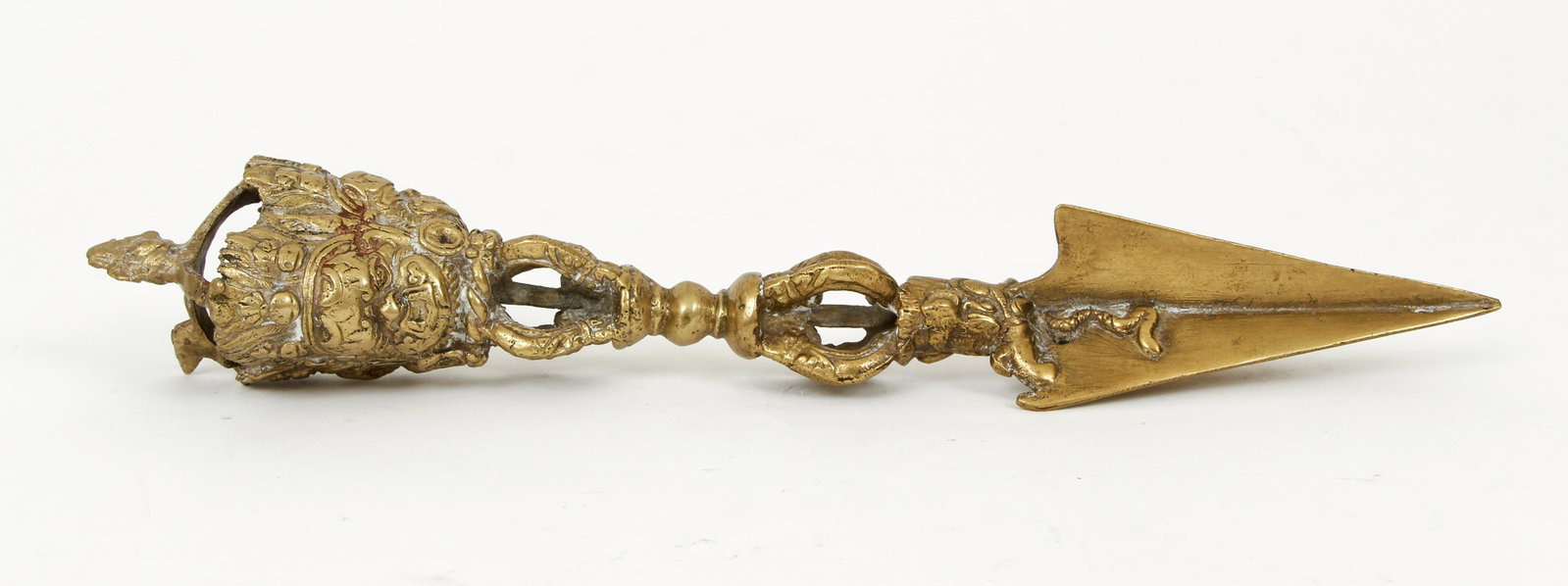 Tibetan Bronze Phurba Kila Stake: Tibetan Bronze Phurba (Kila) Stake, likely early 20th century, vajra with deity on top, handle with ritual knots, typical triform stake, 12.25 inches long.
