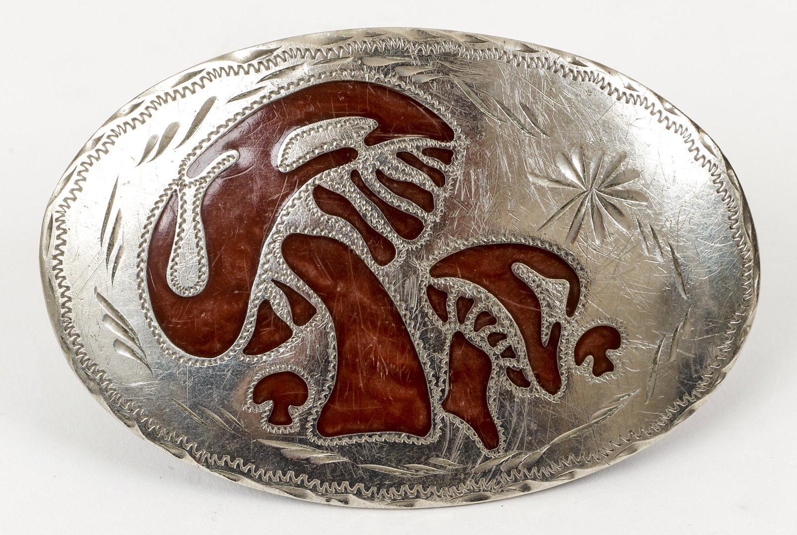 Magic Mushrooms Belt Buckle Hippies: Magic Mushroom Belt Buckle, c.1970, marked R & B Hand-Crafted, Denver, Colorado, inlaid German Silver oval belt buckle, 4.5 inches wide, 2.5 inches tall