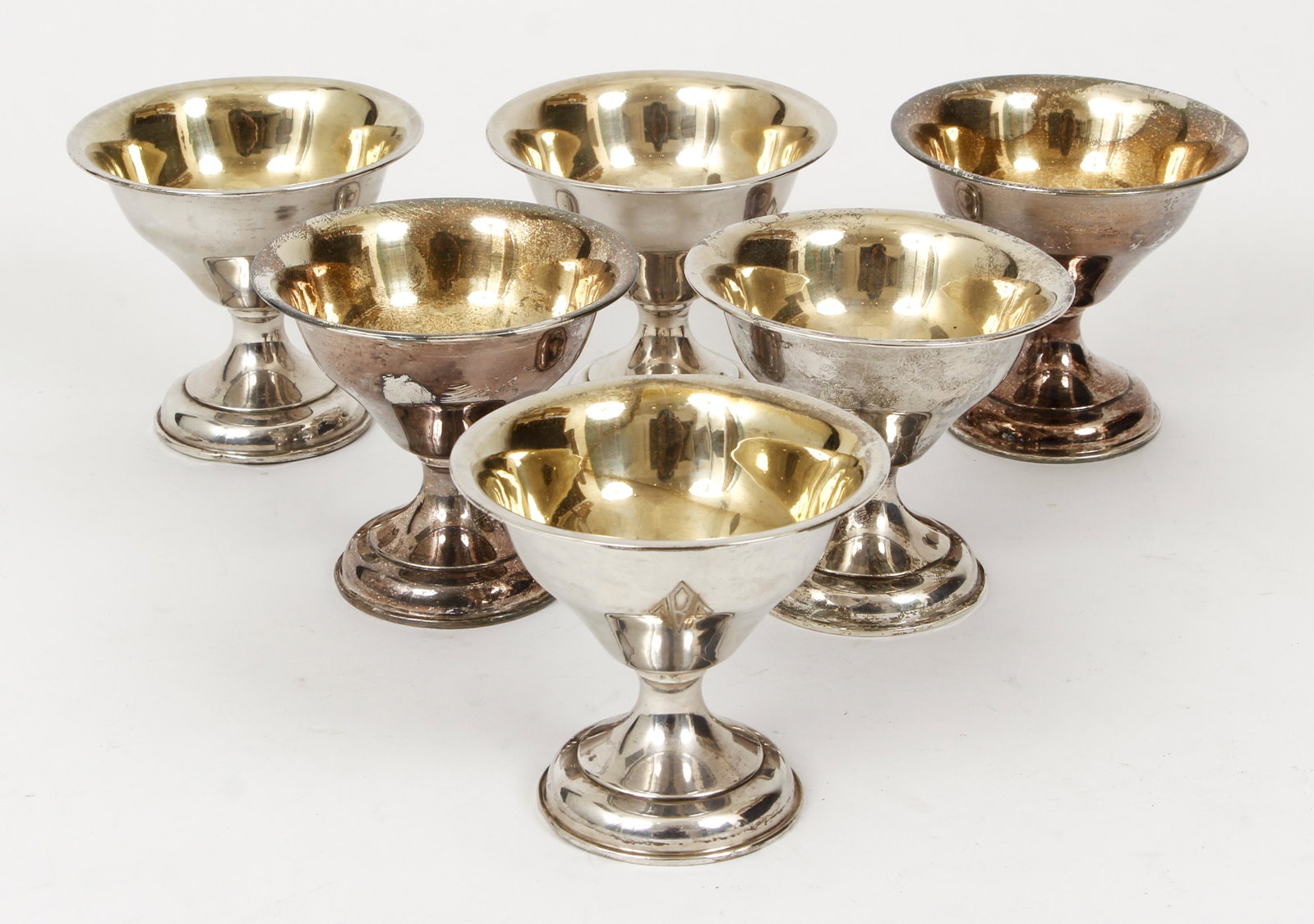 Set 6 Sterling Weighted Ice Cream Bowls: Set of 6 Ice Cream Bowls, sterling, bases reinforced with cement, 3.25 inches tall, 3.75 inch diameter, monogrammed, total weight approx. 18 ozt.