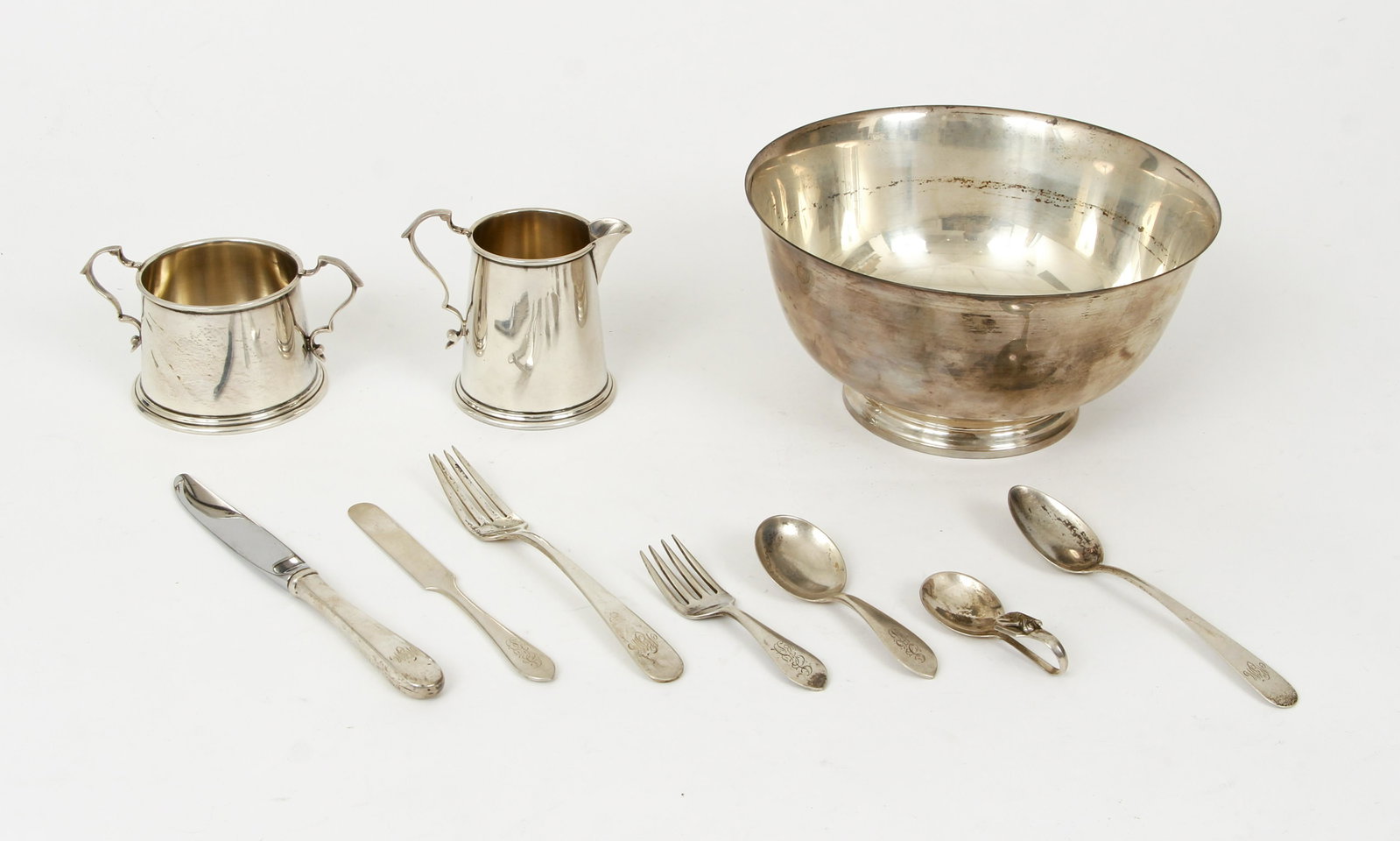 Sterling Silver Lot Tiffany Starr Frost Gorham 10pcs: Lot of sterling silver, 10 pieces total: Tiffany and Co. Bowl, diameter 7.75 inches / Black, Starr and Gorham Sugar and Creamer set / Seven pieces of assorted flatware (two forks, two knives, three sp